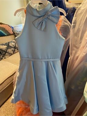 Girls' Light Blue Bow-Accent A-Line Dress